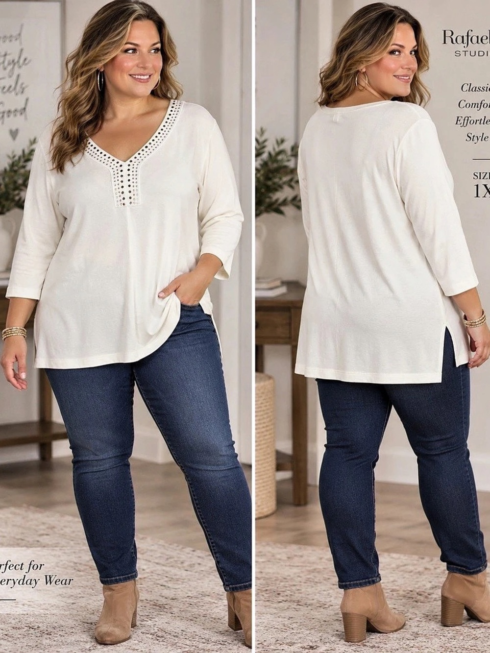 Rafaella Studio 1X Ivory Rhinestone Embellished V-Neck Tunic Top